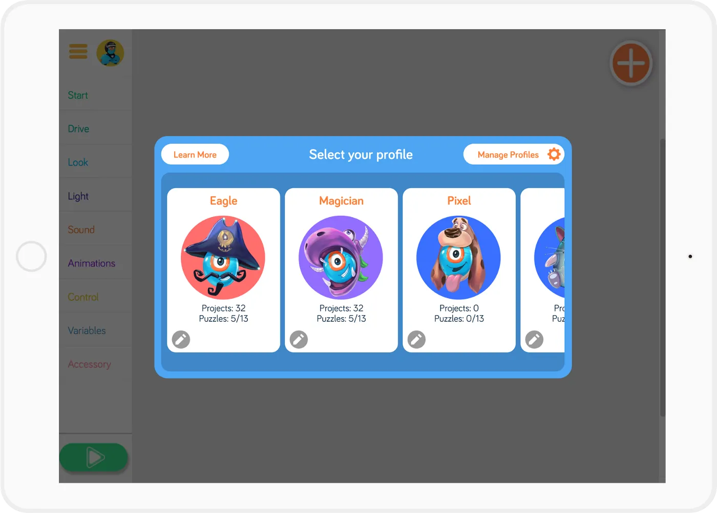 Blockly Profiles key screen — the multi-profile selector