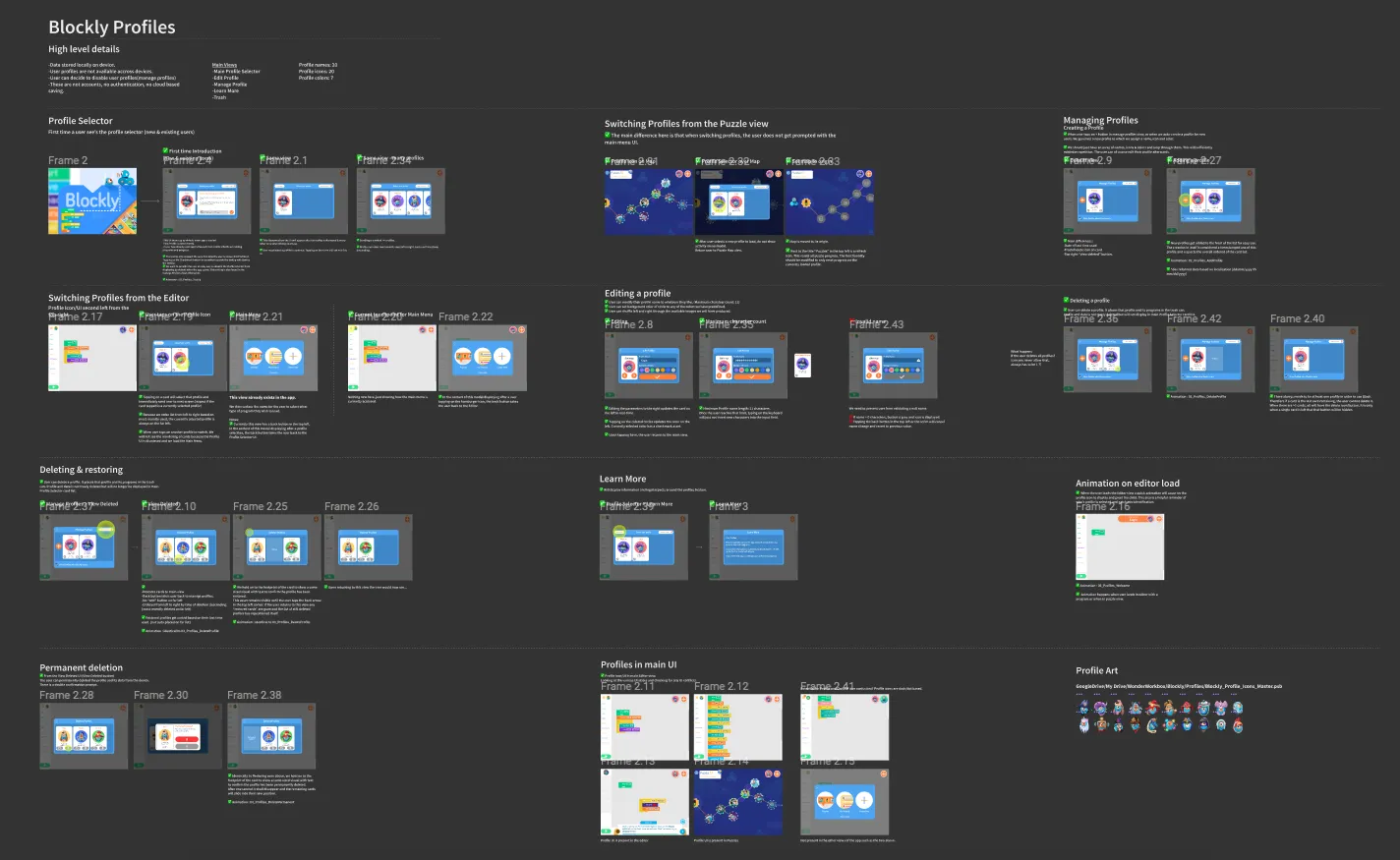 Blockly Profiles wireframes — profile selection and management flows