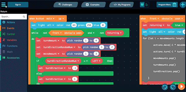 Cue for Education block-coding interface showing replayable in-app tutorials