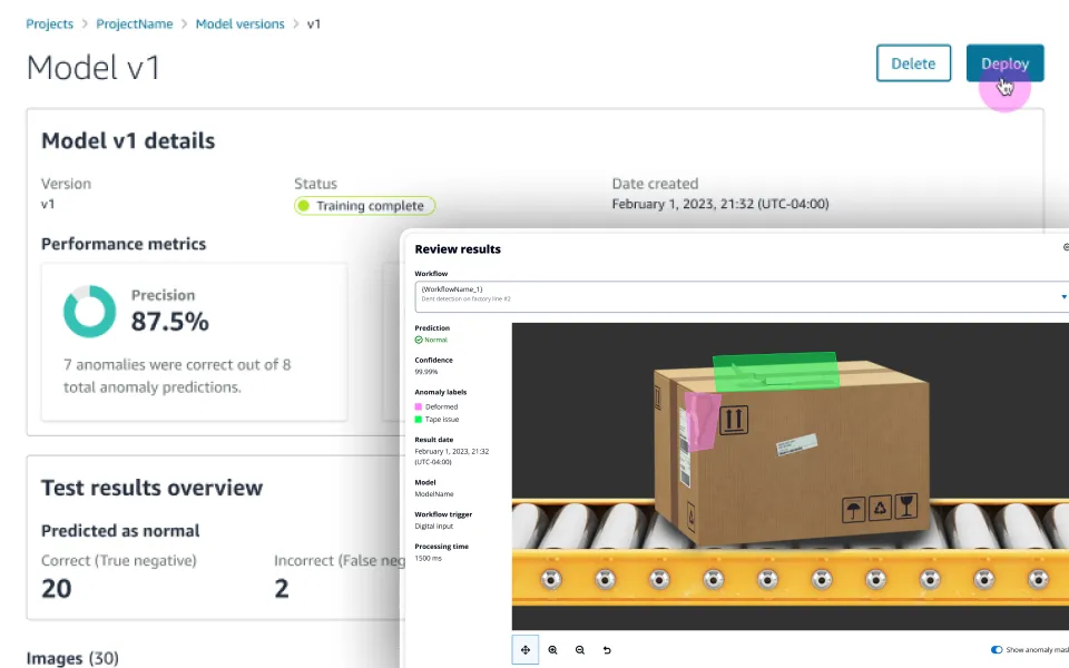Model details page for a trained defect-detection model, showing 87.5% precision and a test results overview, overlaid by a review panel inspecting a cardboard box on a conveyor belt