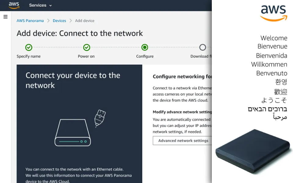 AWS Panorama console Add device wizard on the Connect to the network step, with a five-stage progress tracker and an illustration of an Ethernet cable being plugged into the appliance