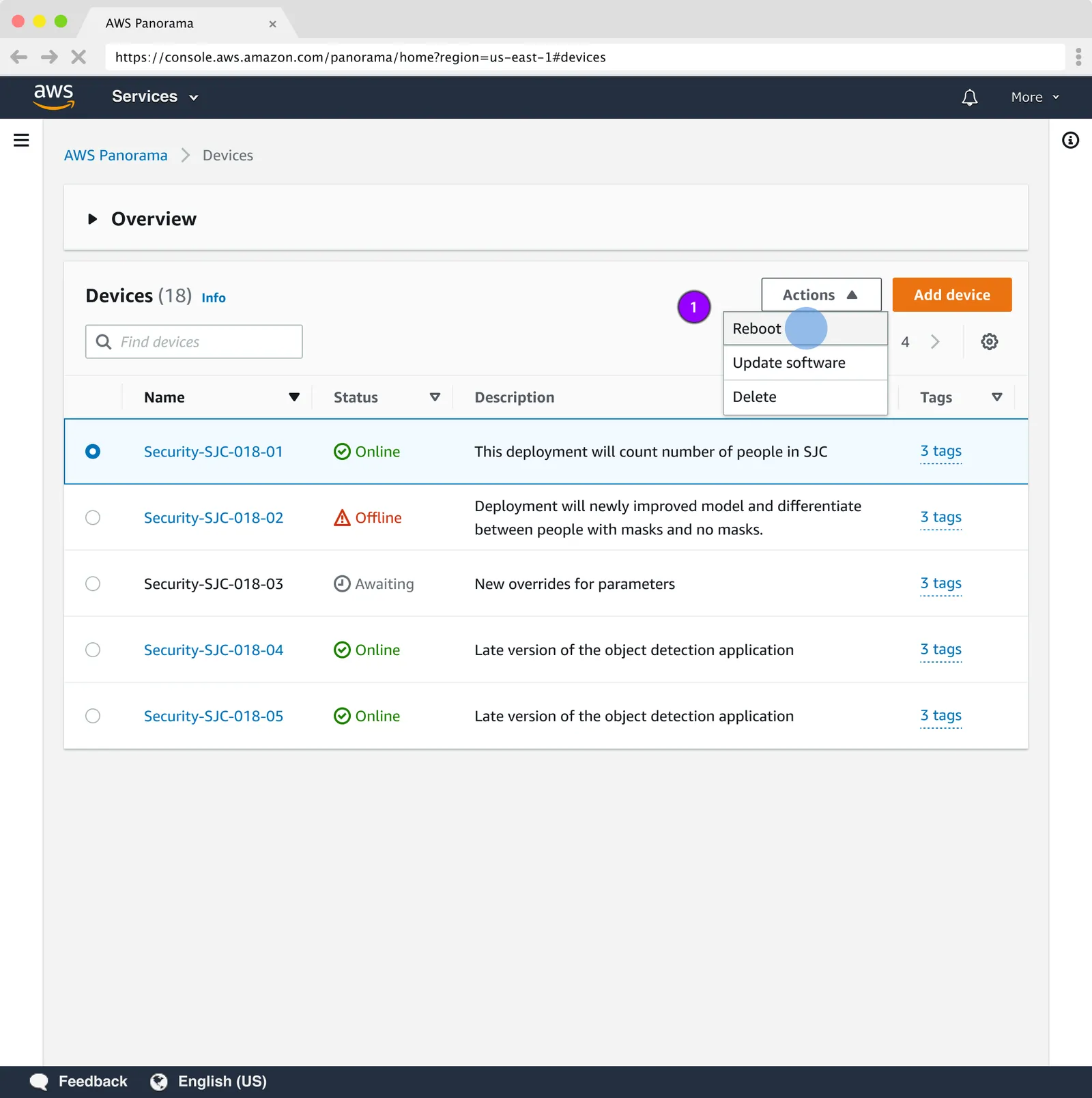 AWS Panorama Devices list showing 18 devices with Online, Offline and Awaiting statuses, and the Actions menu open on three entries: Reboot, Update software, and Delete