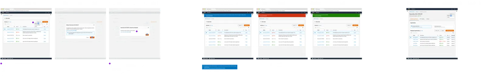 Design board for the reboot flow showing seven console states side by side: the Actions dropdown menu, the confirmation modal, a 'cannot proceed' modal for a device that cannot be rebooted, a blue 'reboot in progress' banner, a red 'reboot failed' banner, a green 'reboot succeeded' banner, and the reboot action on the device detail page