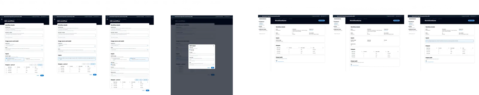 Workflow setup screens from the locally hosted Automated Inspection app, built on open-source Cloudscape. Left to right: creating a workflow on a single page with workflow details, image source and model, inputs and optional outputs; editing that workflow; defining the input trigger and outputs; an Add output modal for signal type, pin value, pulse width and role; then three workflow detail views for a REST API trigger, a digital input trigger, and an image source set to a folder